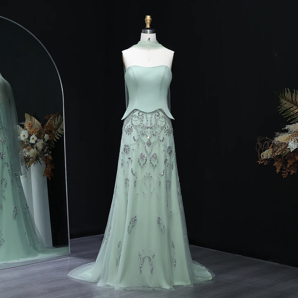 Sage Green Yellow Luxury Arabic Evening Dress