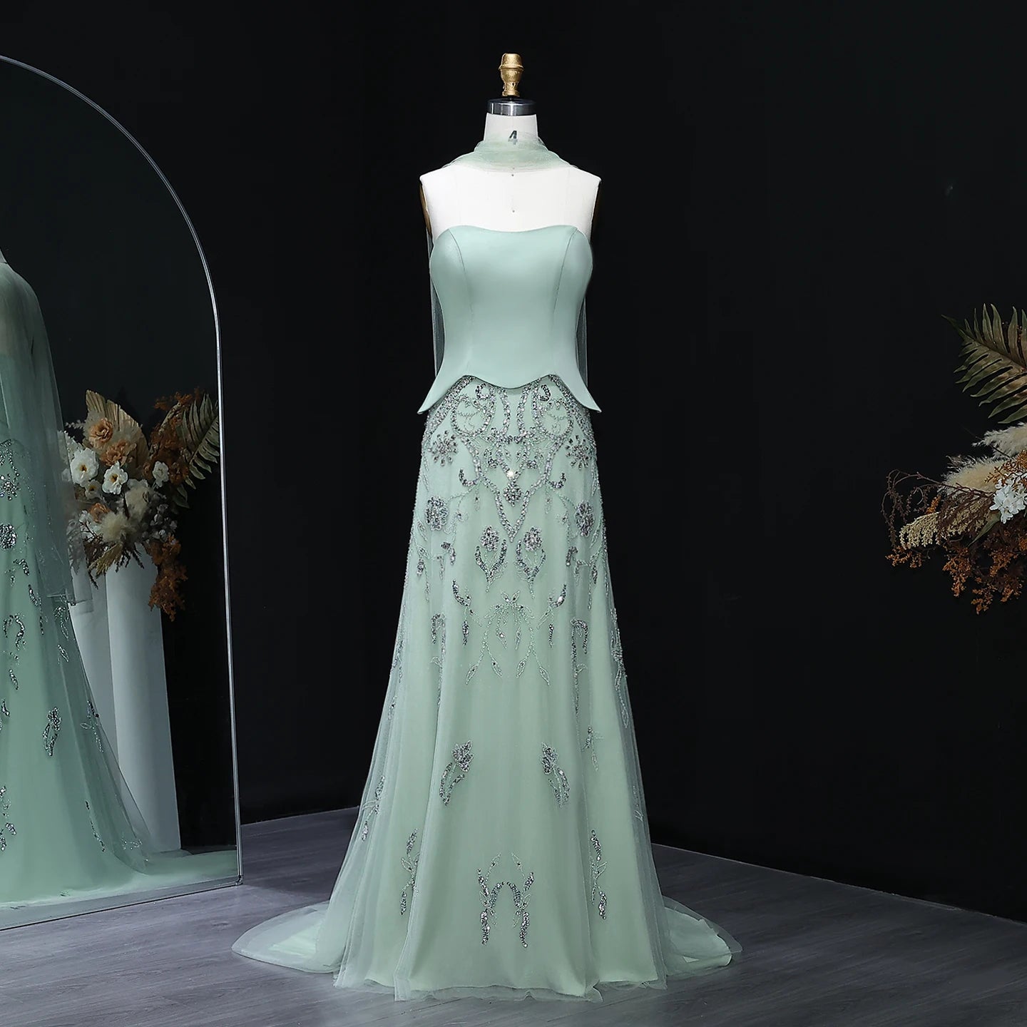 Sage Green Yellow Luxury Arabic Evening Dress