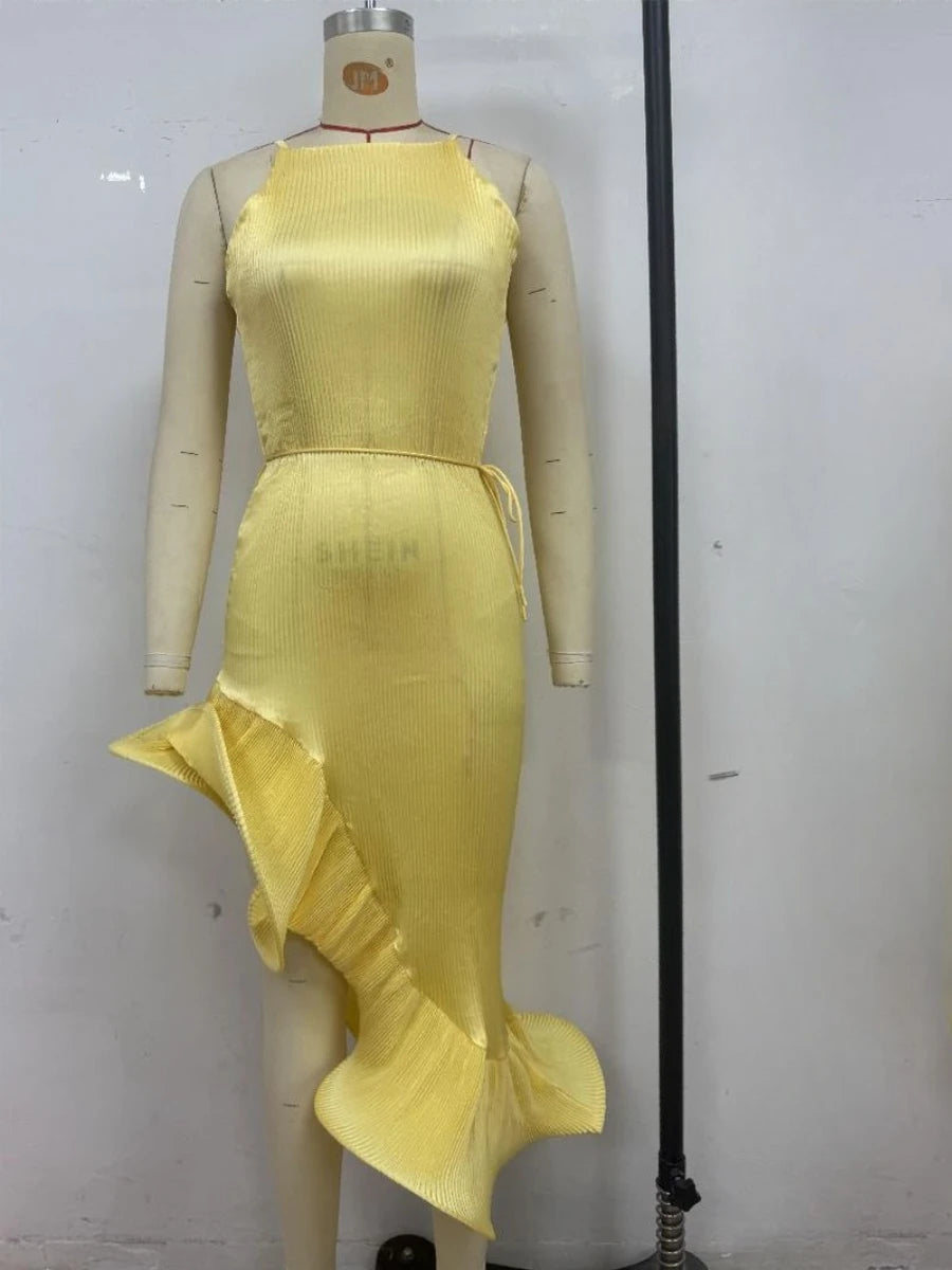 Spliced Ruffled Hem Midi Dress