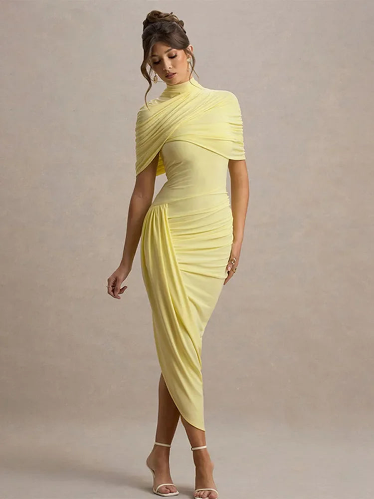Irregular Pleated Solid Tight Maxi Dress