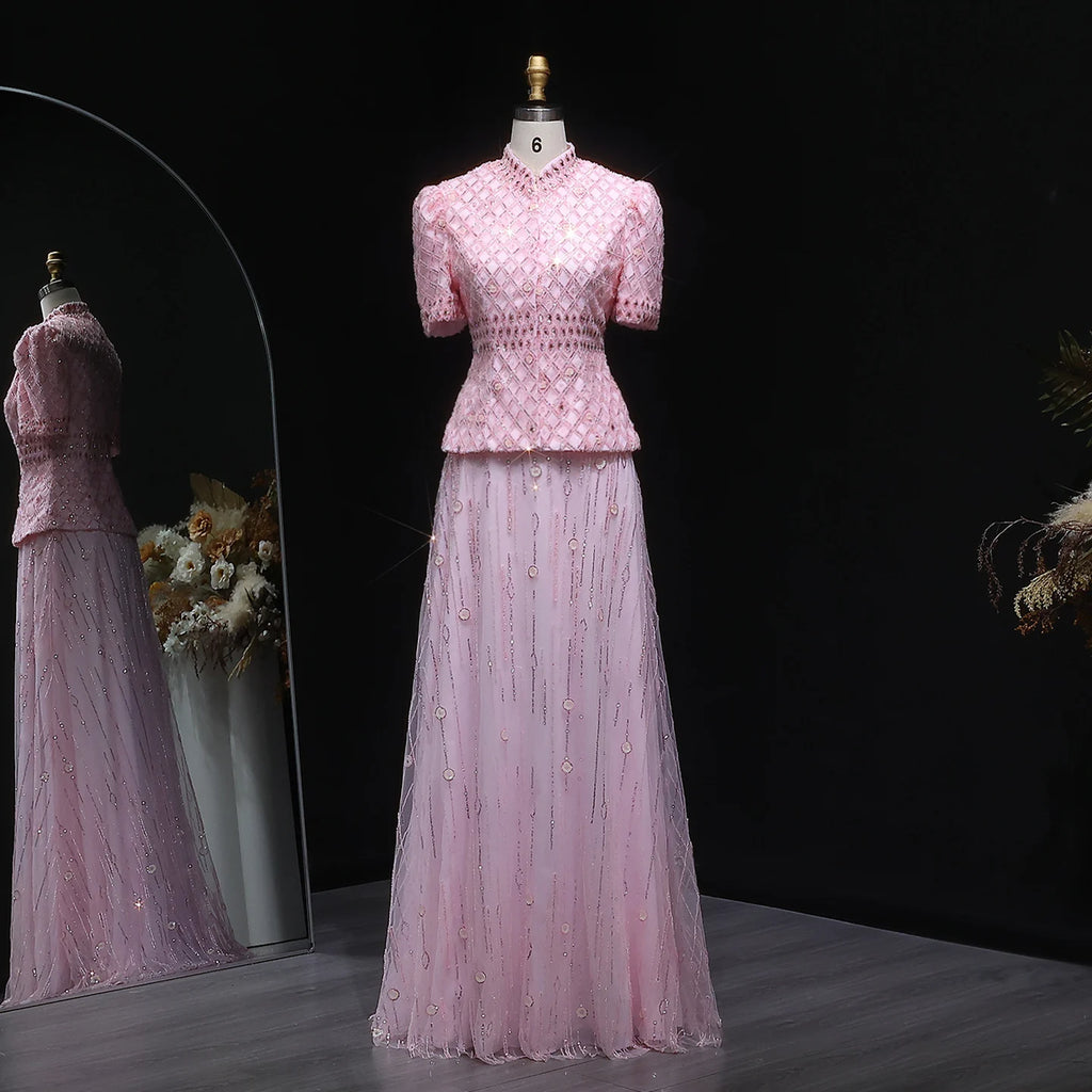 Luxury Pink Crystal Dubai Two Pieces Evening Dress