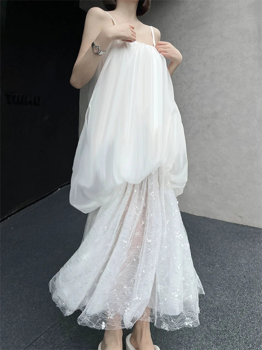 Solid Loose Spliced Mesh Casual Dress