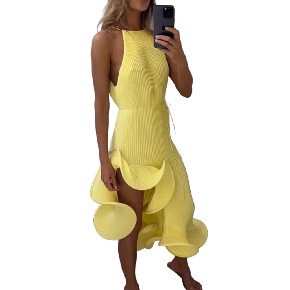 Spliced Ruffled Hem Midi Dress