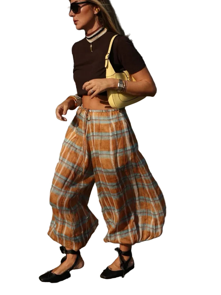 Casual Plaid Print Lace Up Bloomers Casual Loose Daily High Waist Lantern Pants