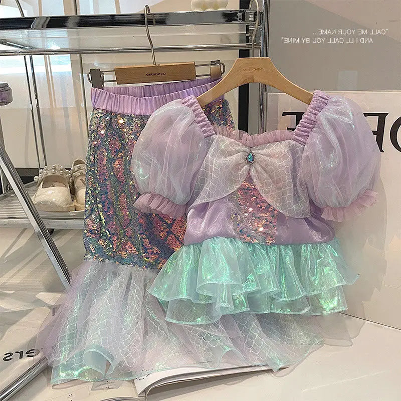 Girl Mermaid Set Summer Fashionable Childrens Bubble Sleeve