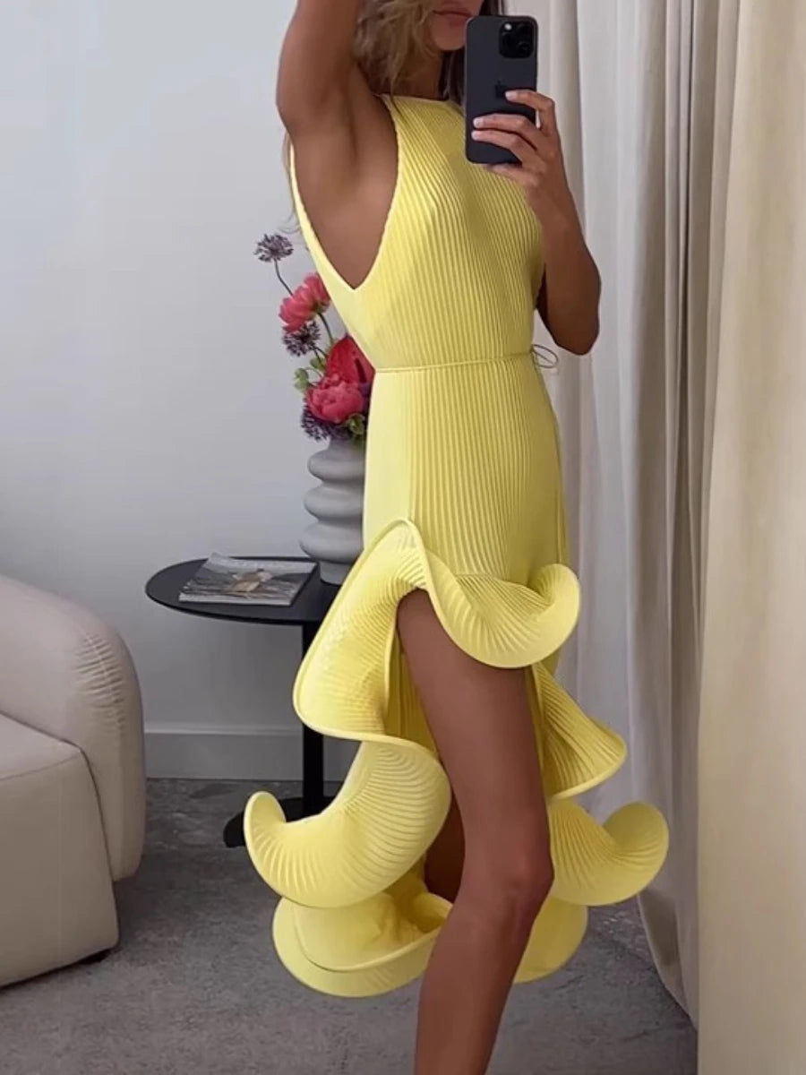 Spliced Ruffled Hem Midi Dress