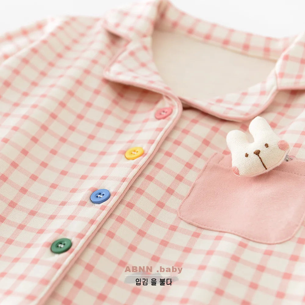 Autumn Baby Sleepwear Set Cute Plaid Lapel Doll Cardigan and Pants 2Pcs