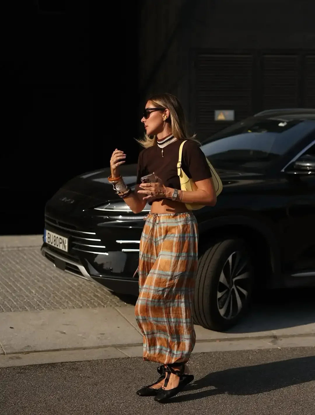 Casual Plaid Print Lace Up Bloomers Casual Loose Daily High Waist Lantern Pants