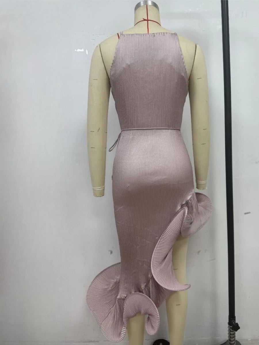 Spliced Ruffled Hem Midi Dress