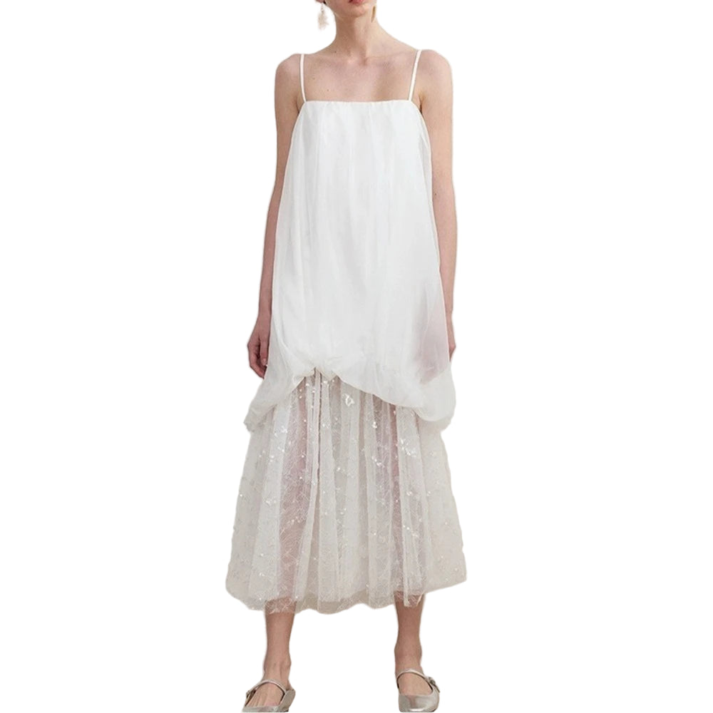 Solid Loose Spliced Mesh Casual Dress