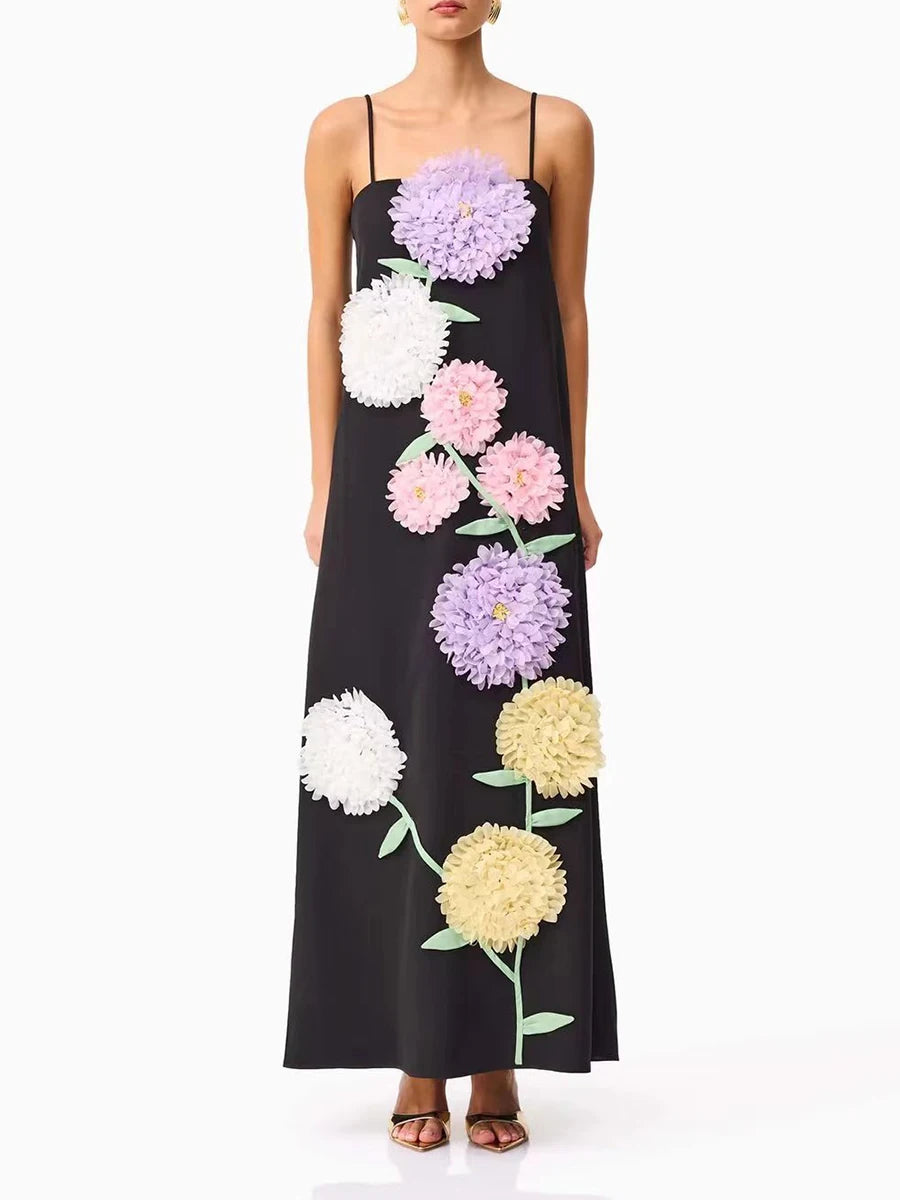 Hit Color Vintage Spliced 3D Flower Elegant Dress
