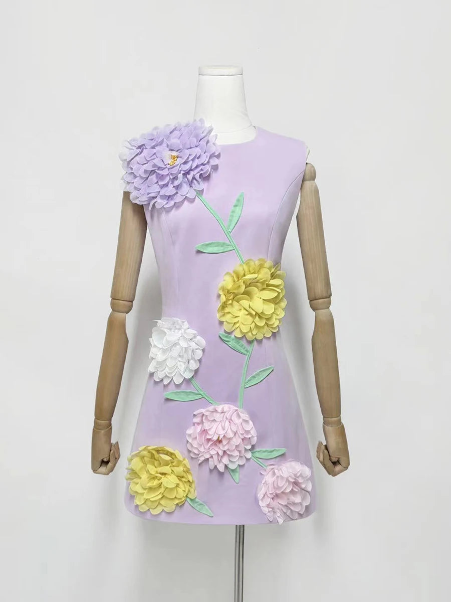 Hit Color Spliced 3D Flower Fashion Mini Dress