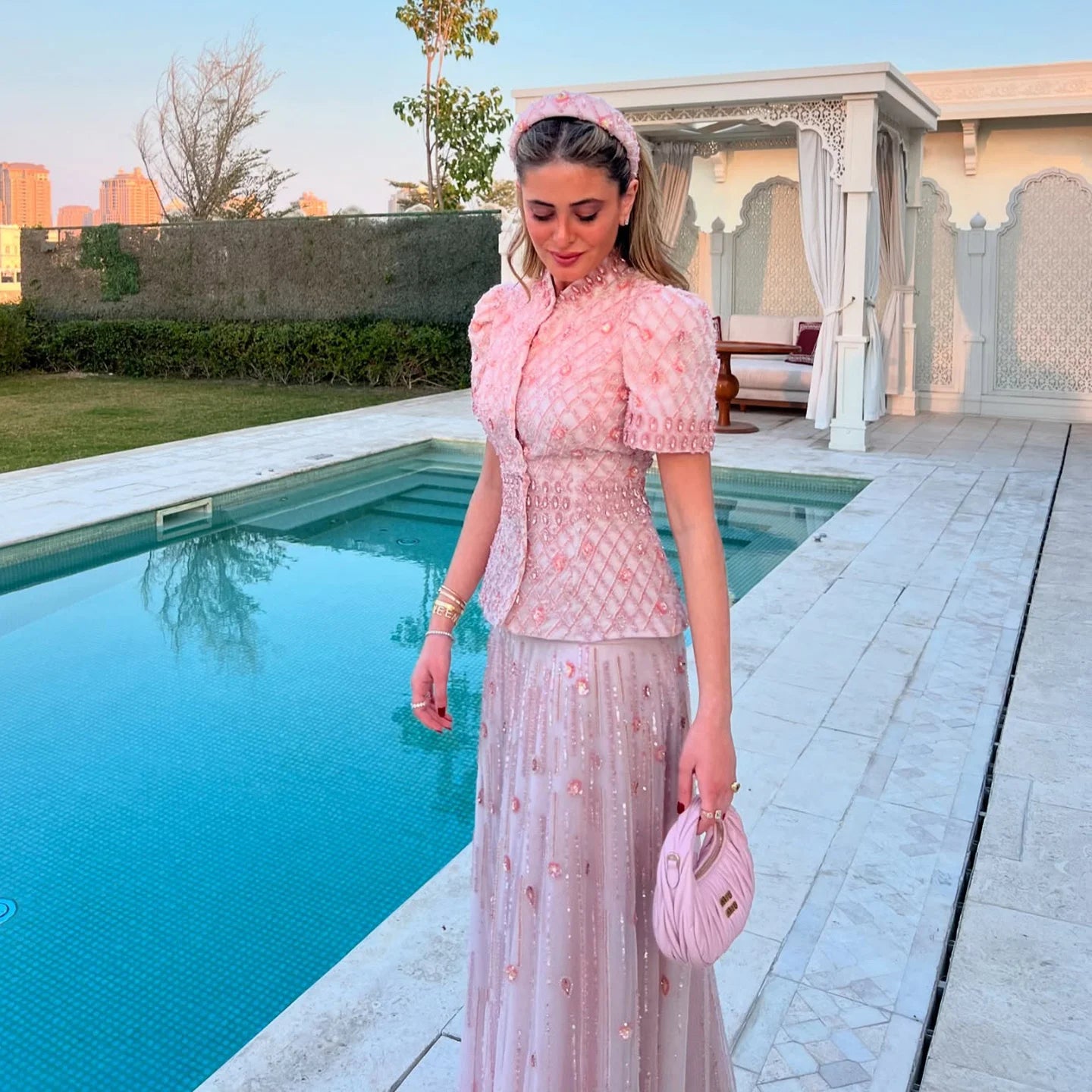 Luxury Pink Crystal Dubai Two Pieces Evening Dress