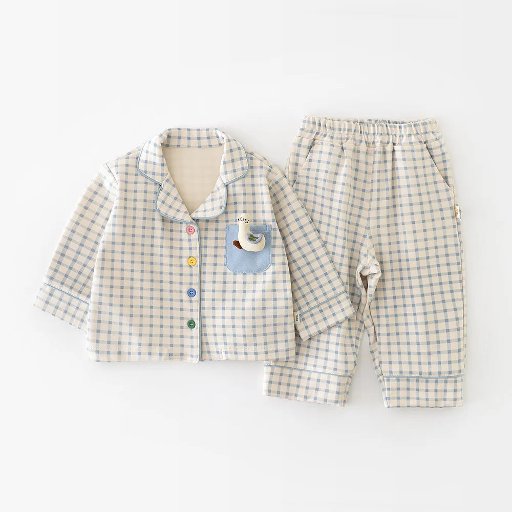Autumn Baby Sleepwear Set Cute Plaid Lapel Doll Cardigan and Pants 2Pcs