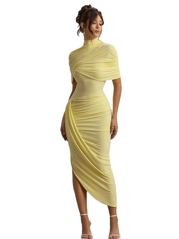 Irregular Pleated Solid Tight Maxi Dress