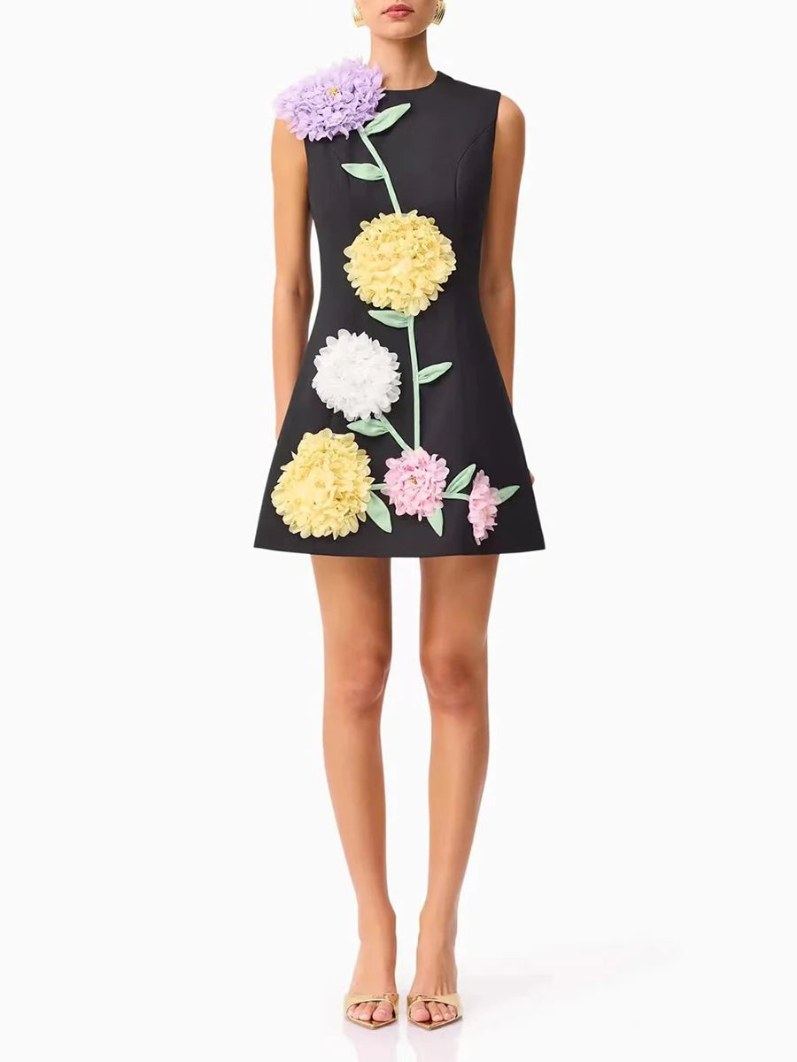 Hit Color Spliced 3D Flower Fashion Mini Dress