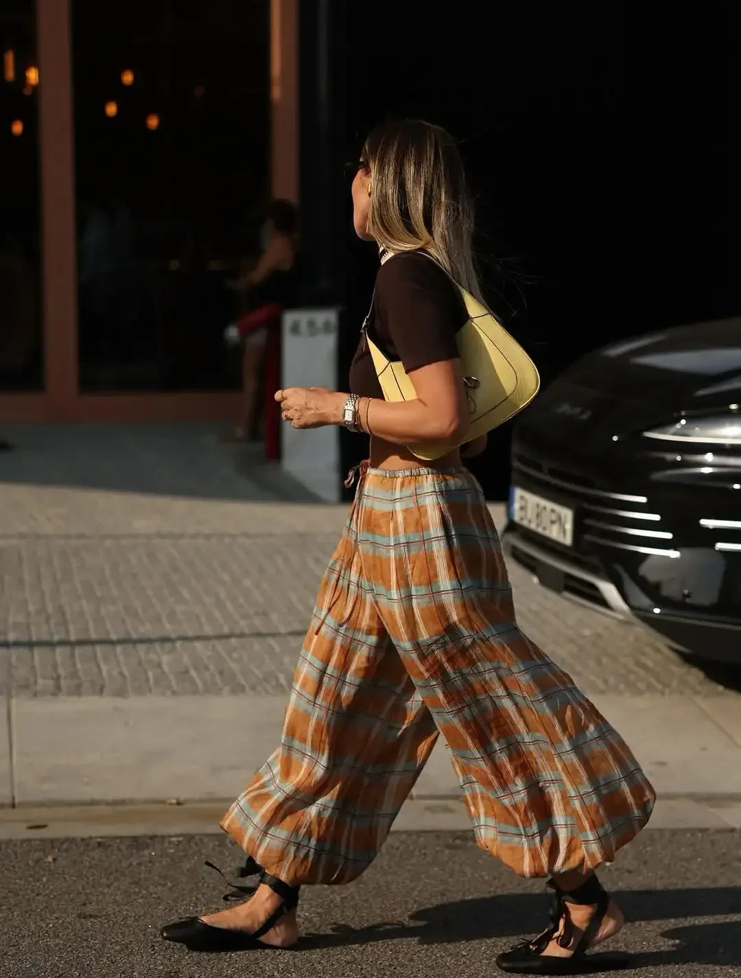 Casual Plaid Print Lace Up Bloomers Casual Loose Daily High Waist Lantern Pants