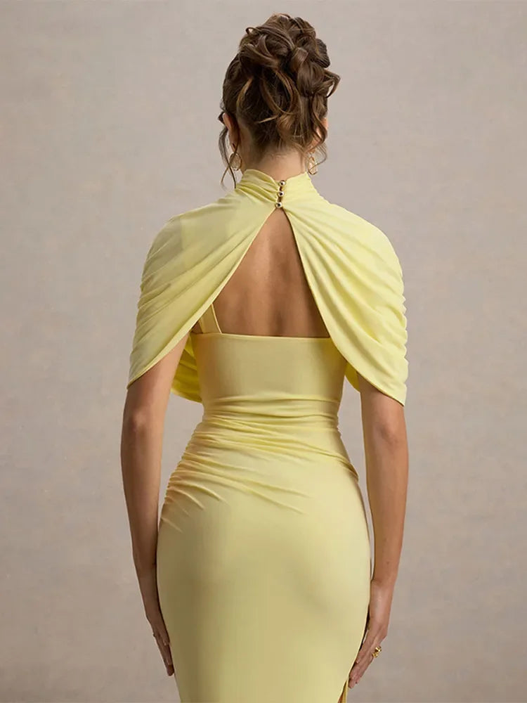 Irregular Pleated Solid Tight Maxi Dress