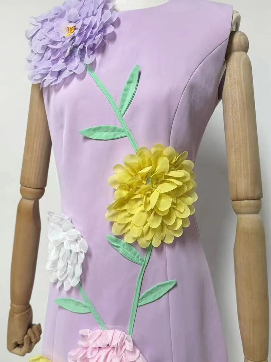 Hit Color Spliced 3D Flower Fashion Mini Dress