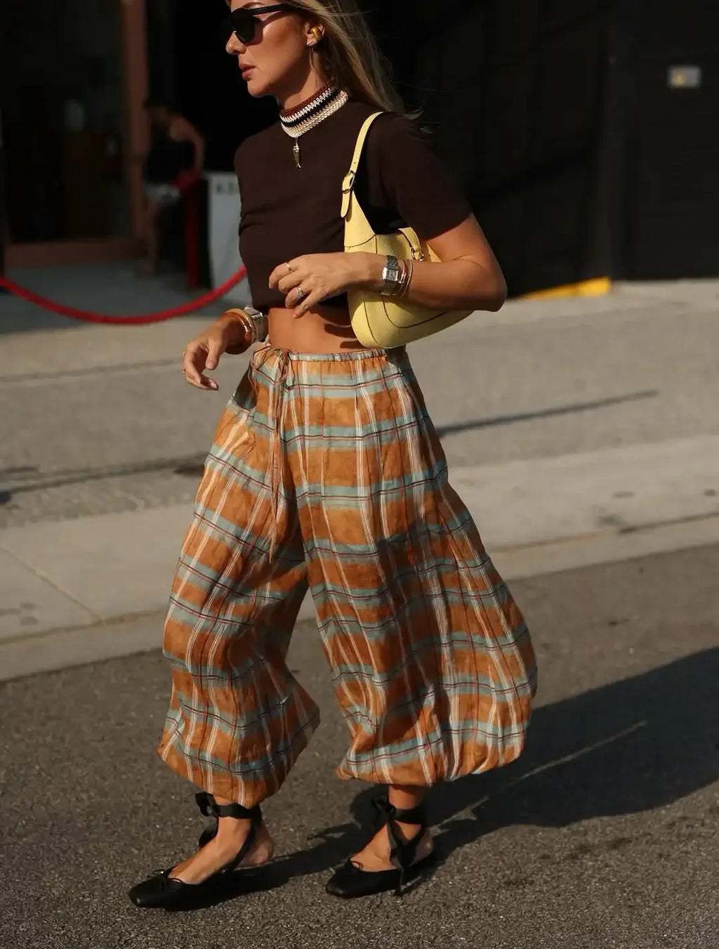 Casual Plaid Print Lace Up Bloomers Casual Loose Daily High Waist Lantern Pants
