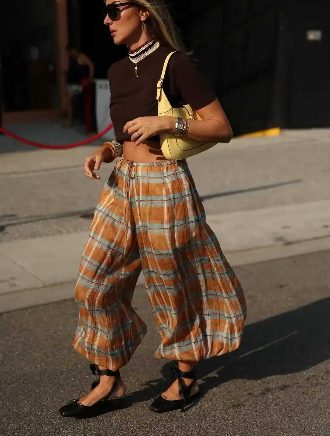 Casual Plaid Print Lace Up Bloomers Casual Loose Daily High Waist Lantern Pants