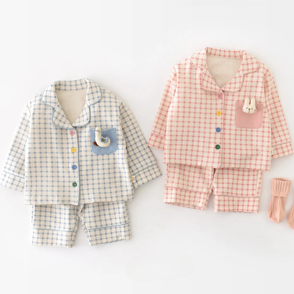 Autumn Baby Sleepwear Set Cute Plaid Lapel Doll Cardigan and Pants 2Pcs