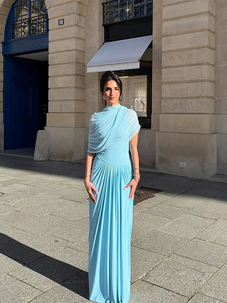 Irregular Pleated Solid Tight Maxi Dress