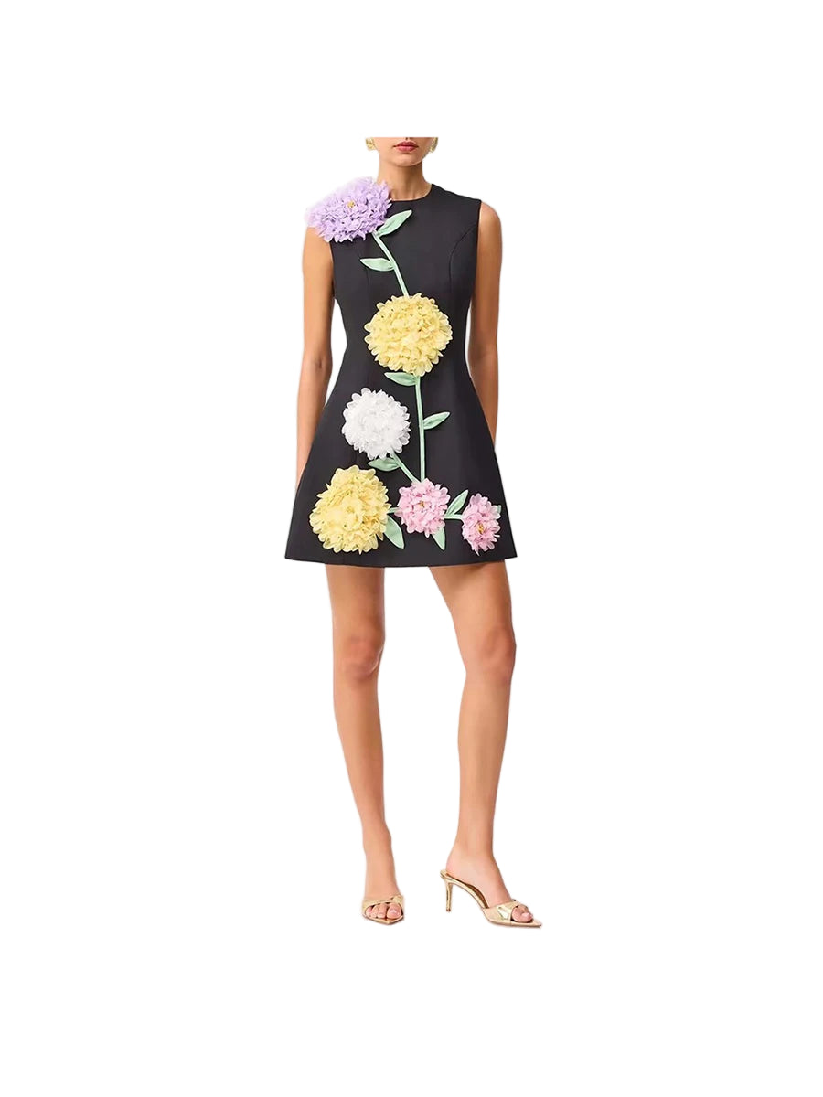 Hit Color Spliced 3D Flower Fashion Mini Dress