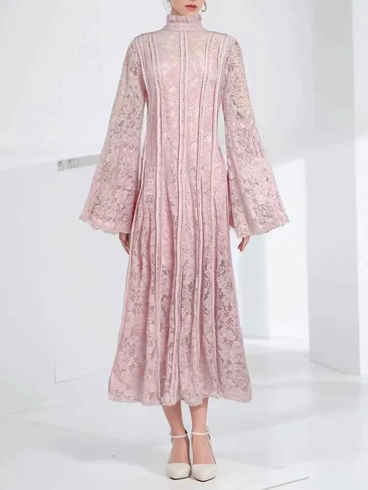 Patchwork Lace Slimming Dresses Stand Collar