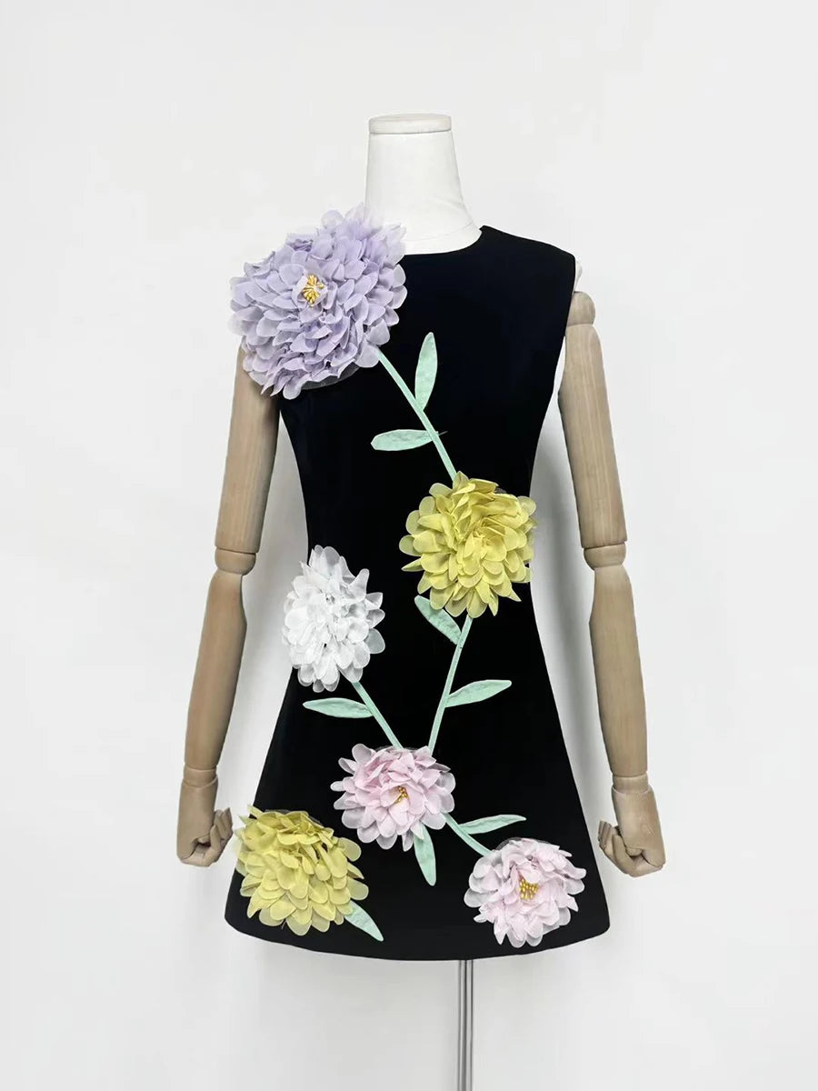 Hit Color Spliced 3D Flower Fashion Mini Dress