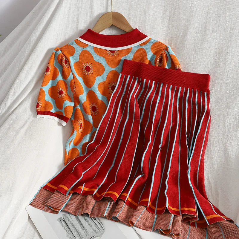 Summer Fashion Knit Skirt Suits Women Short Sleeve