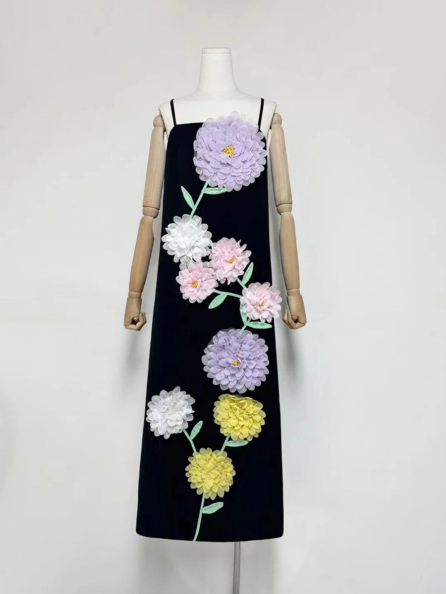 Hit Color Vintage Spliced 3D Flower Elegant Dress