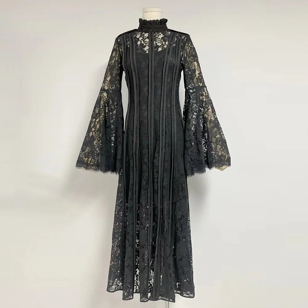 Patchwork Lace Slimming Dresses Stand Collar