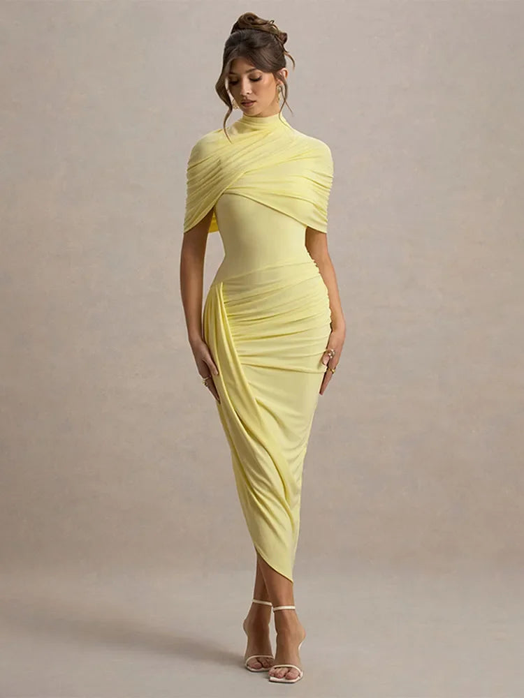 Irregular Pleated Solid Tight Maxi Dress