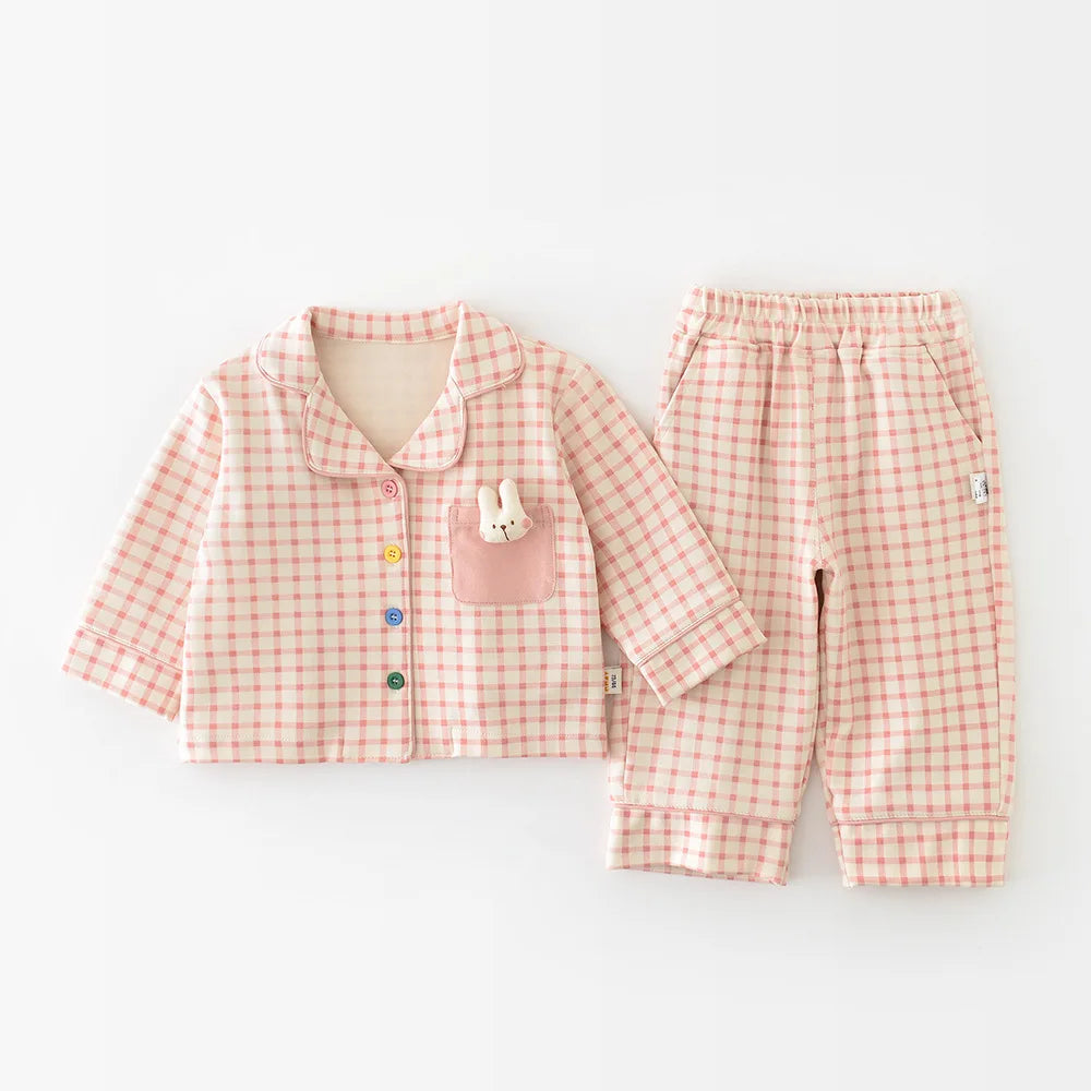 Autumn Baby Sleepwear Set Cute Plaid Lapel Doll Cardigan and Pants 2Pcs