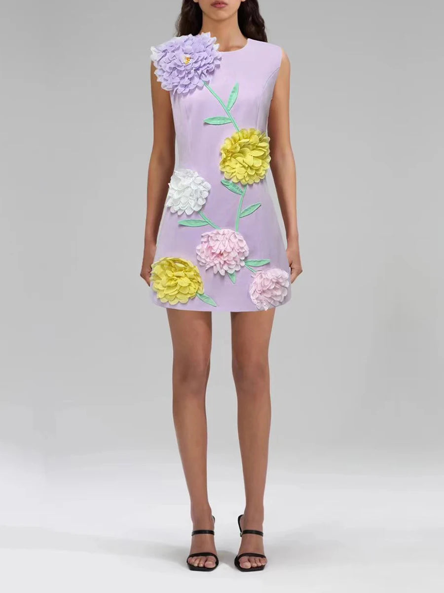 Hit Color Spliced 3D Flower Fashion Mini Dress