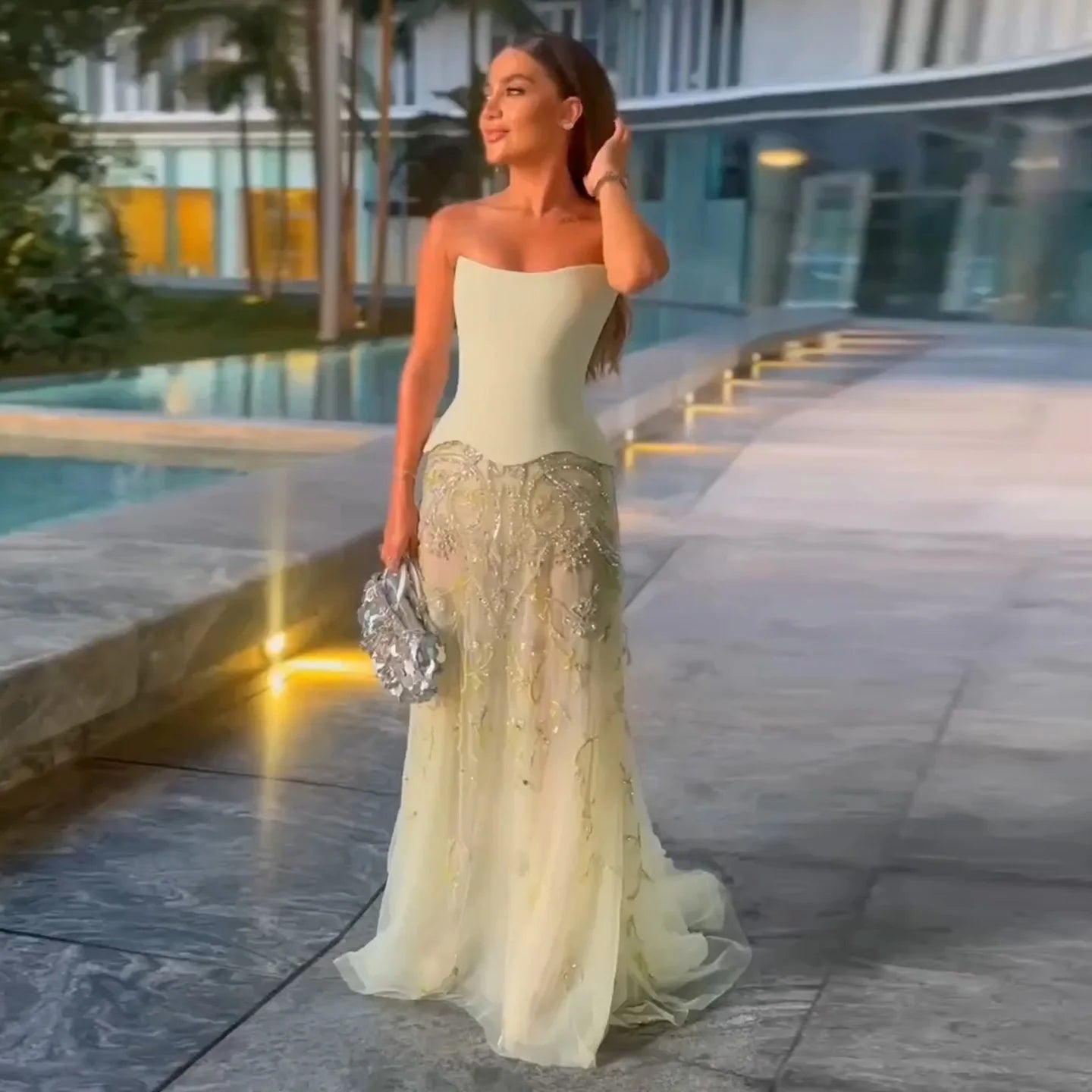 Sage Green Yellow Luxury Arabic Evening Dress