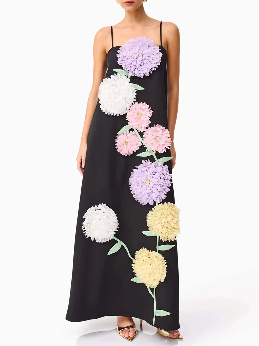 Hit Color Vintage Spliced 3D Flower Elegant Dress