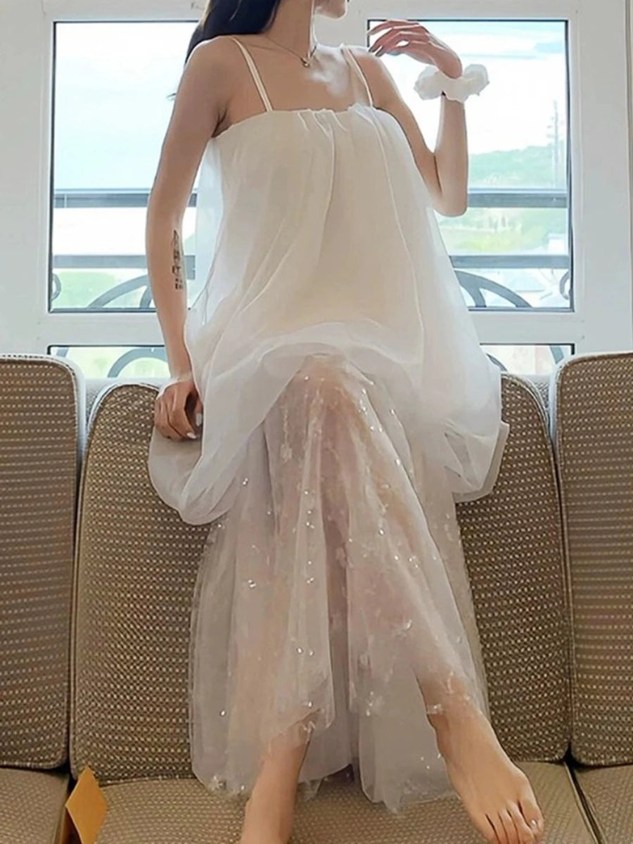 Solid Loose Spliced Mesh Casual Dress