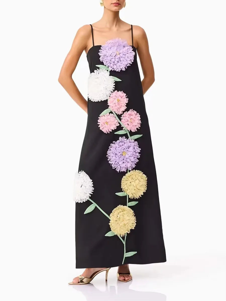 Hit Color Vintage Spliced 3D Flower Elegant Dress