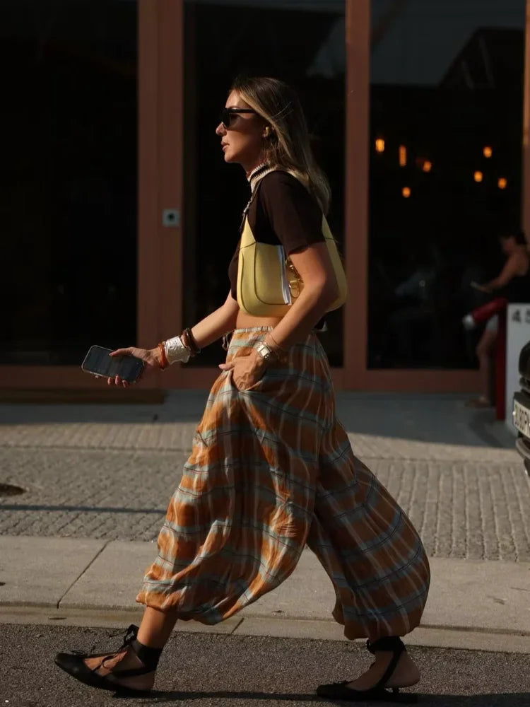 Casual Plaid Print Lace Up Bloomers Casual Loose Daily High Waist Lantern Pants