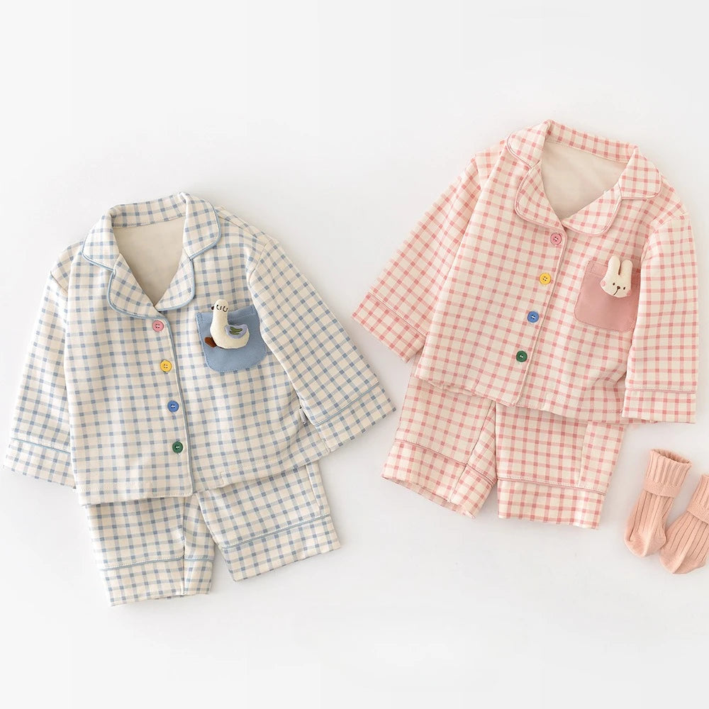 Autumn Baby Sleepwear Set Cute Plaid Lapel Doll Cardigan and Pants 2Pcs