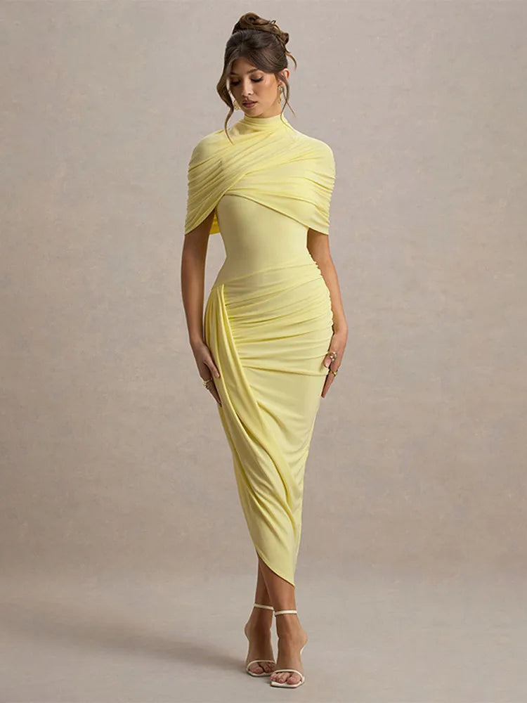 Irregular Pleated Solid Tight Maxi Dress