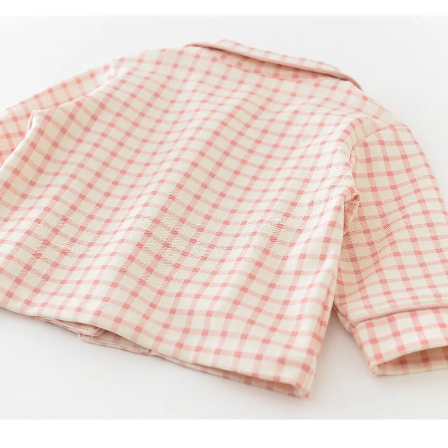 Autumn Baby Sleepwear Set Cute Plaid Lapel Doll Cardigan and Pants 2Pcs