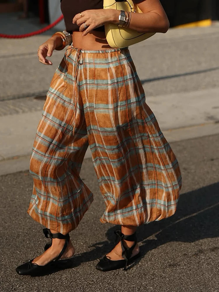 Casual Plaid Print Lace Up Bloomers Casual Loose Daily High Waist Lantern Pants