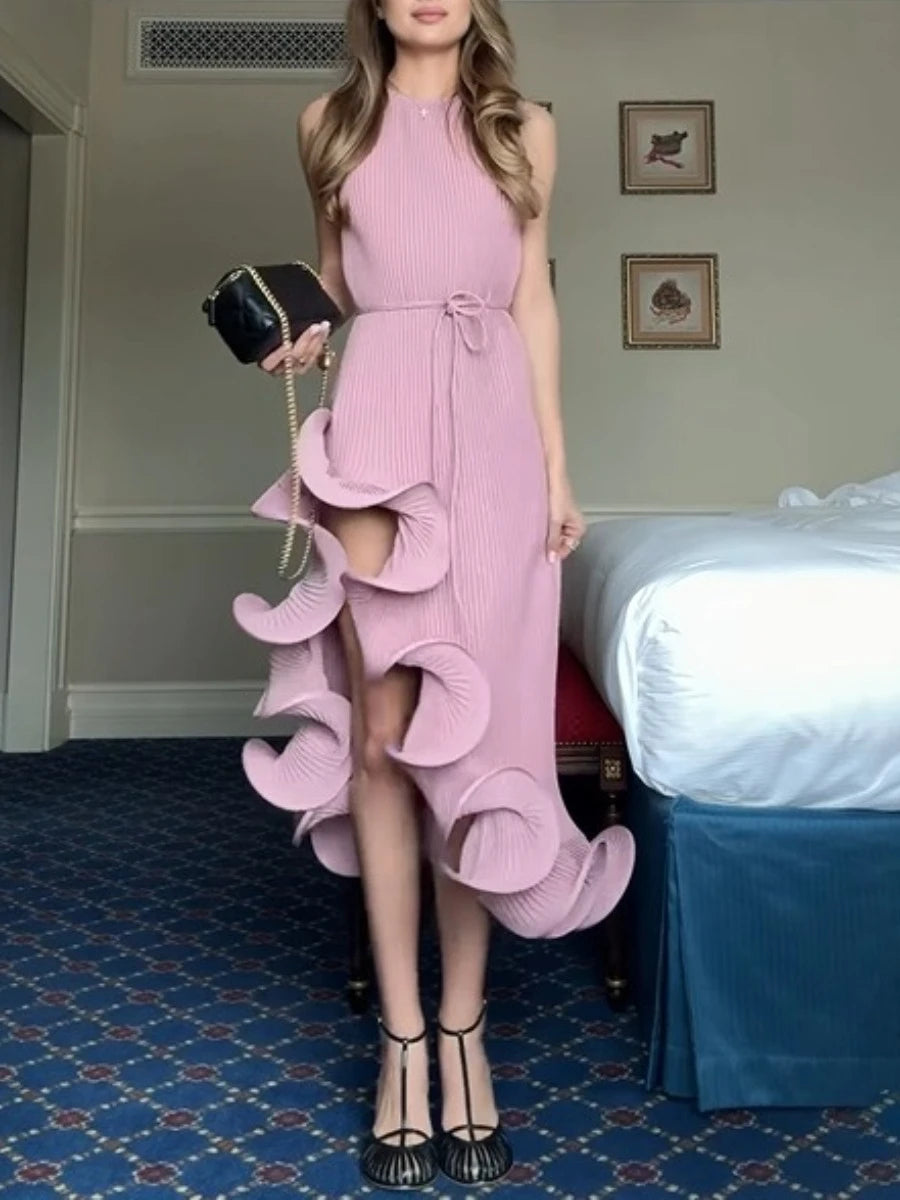 Spliced Ruffled Hem Midi Dress