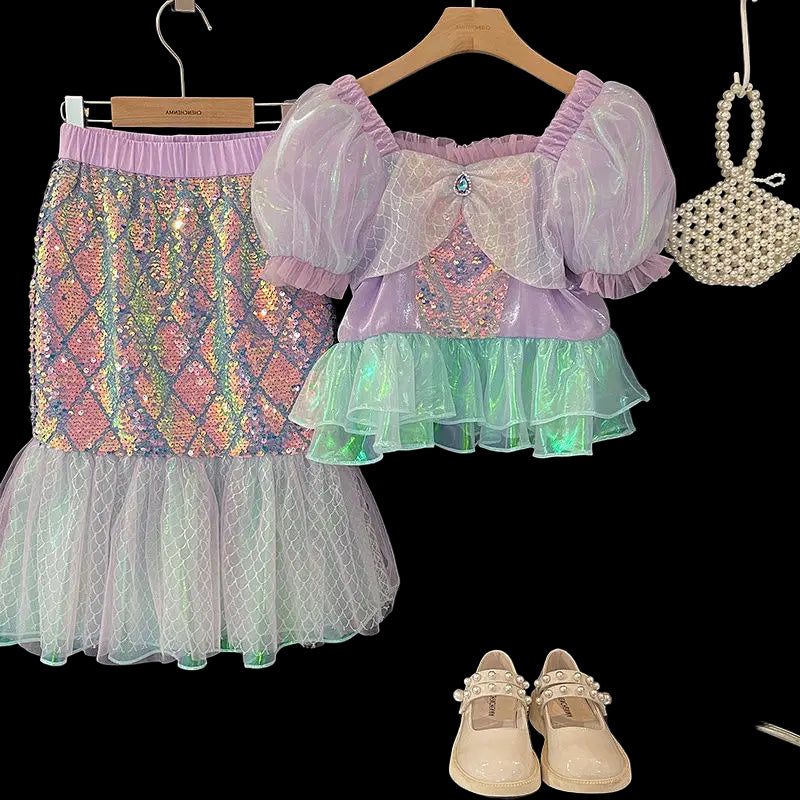 Girl Mermaid Set Summer Fashionable Childrens Bubble Sleeve