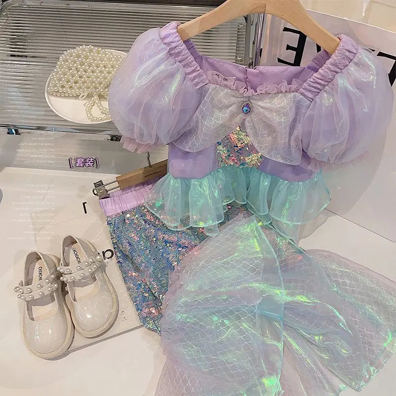 Girl Mermaid Set Summer Fashionable Childrens Bubble Sleeve
